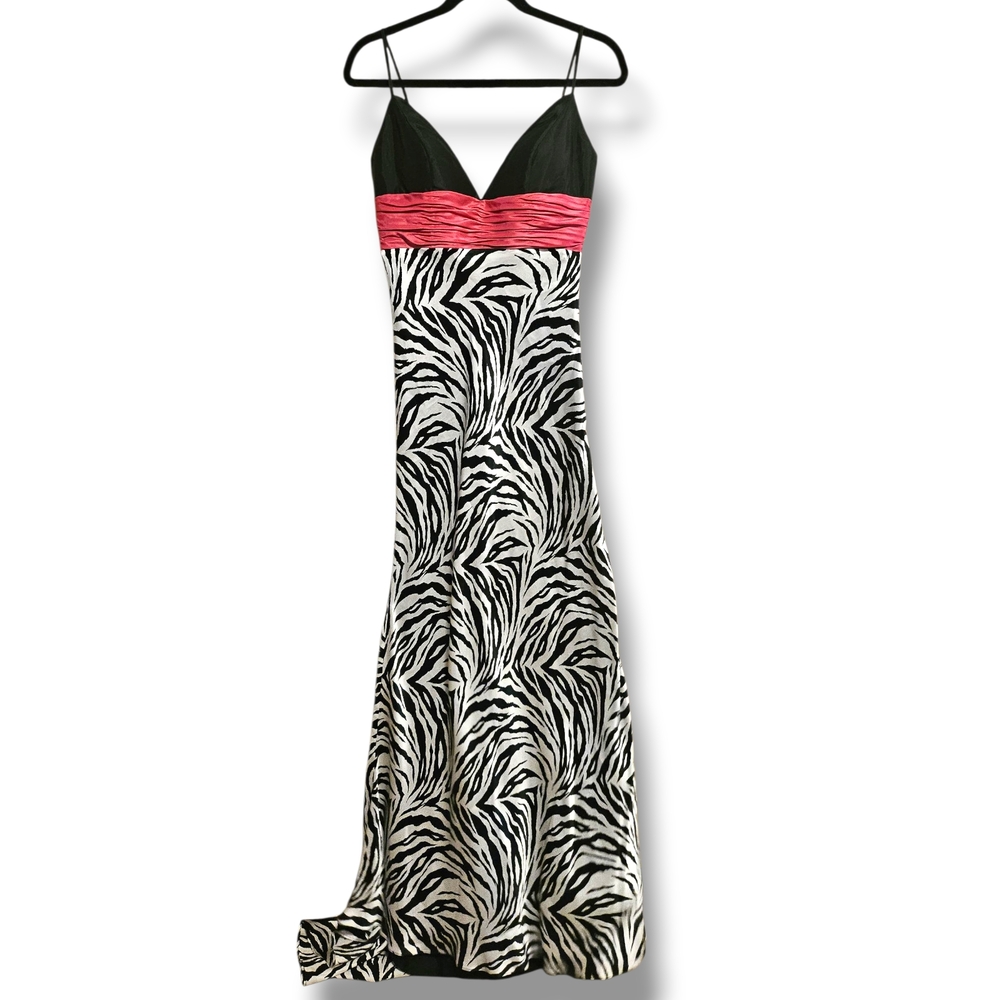 Jovani Black and White Zebra Maxi Dress with Pink Detail